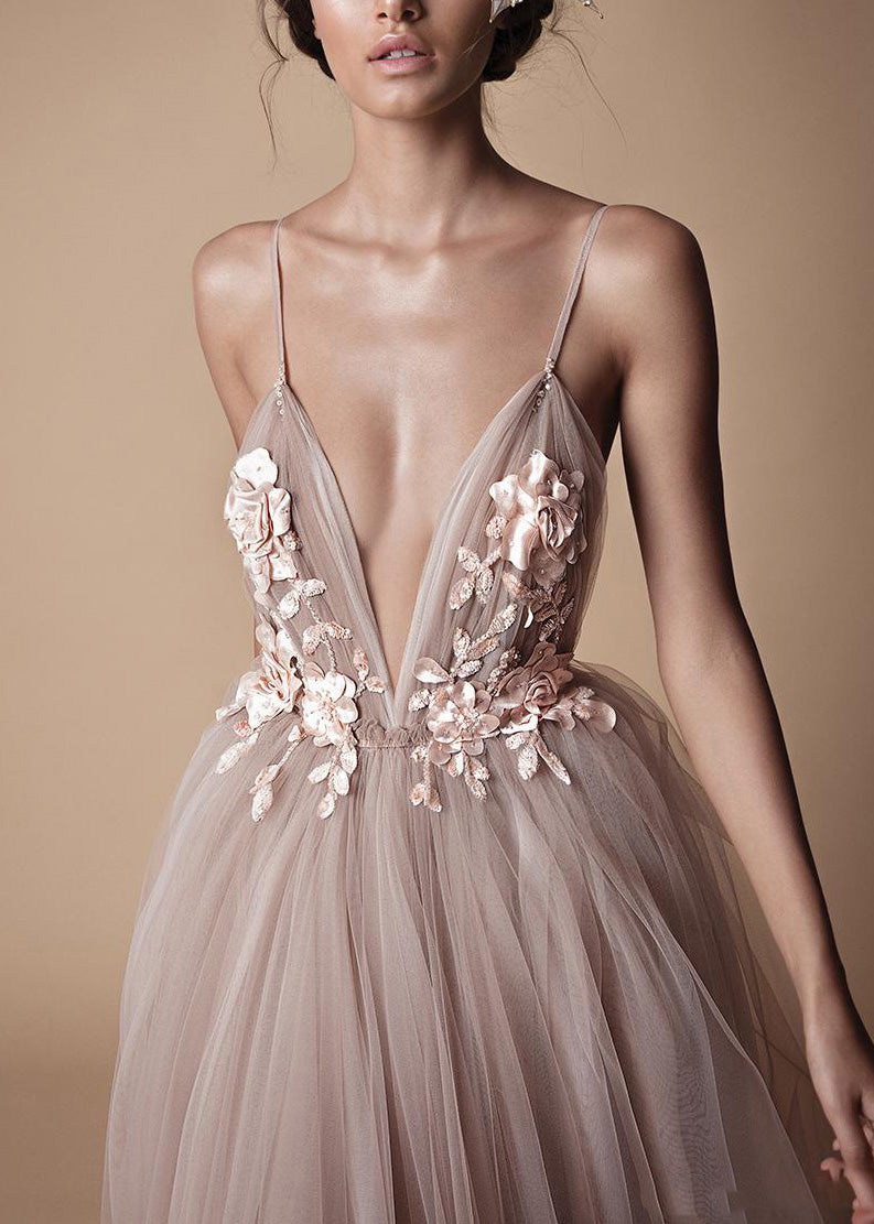 Classy V Neck Tulle Spaghetti Strap Dress Summer