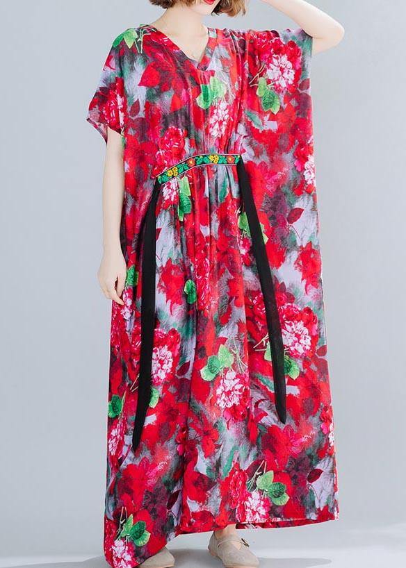 Classy V Neck Tie Waist Summer Tutorials Red Print Art Dress