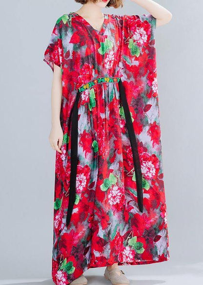 Classy V Neck Tie Waist Summer Tutorials Red Print Art Dress