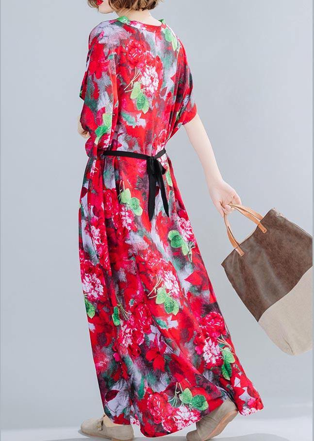 Classy V Neck Tie Waist Summer Tutorials Red Print Art Dress