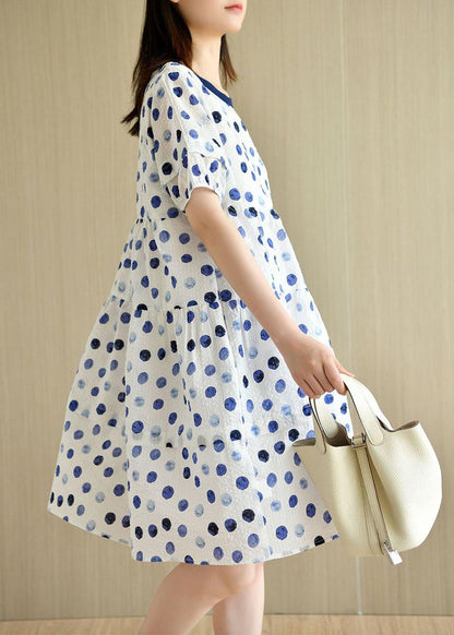 Classy White Dot Print Summer Cotton Dress Short Sleeve