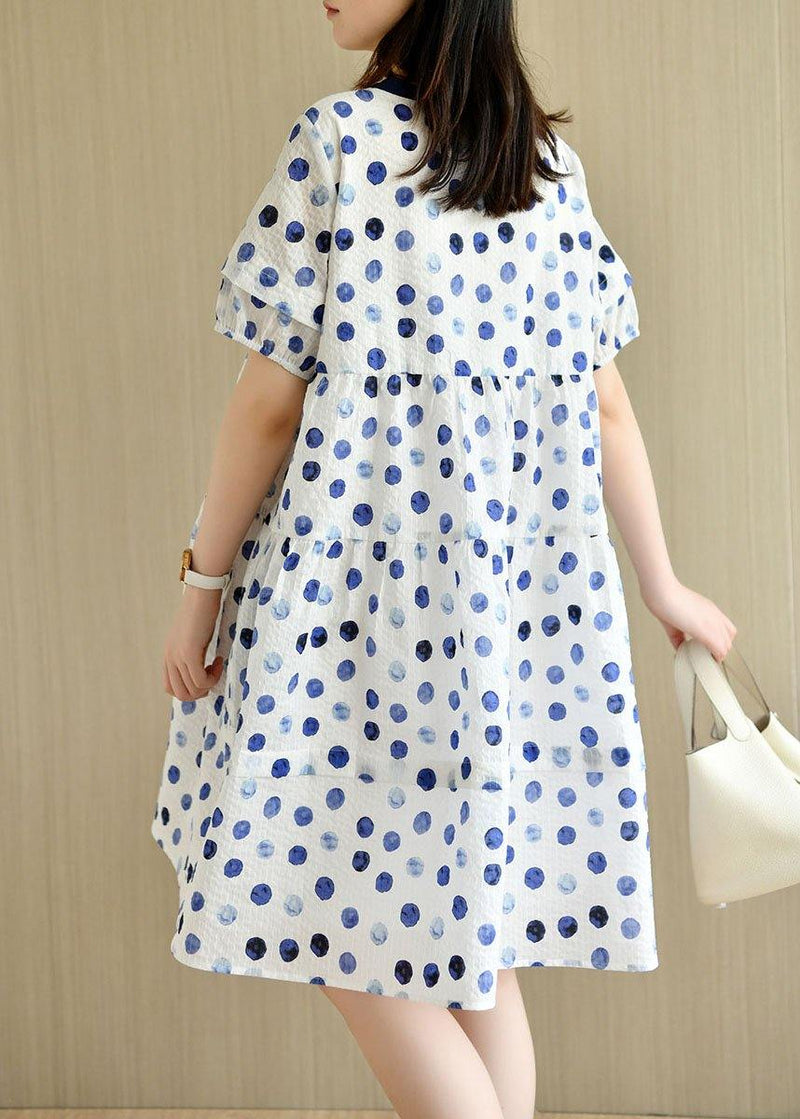 Classy White Dot Print Summer Cotton Dress Short Sleeve
