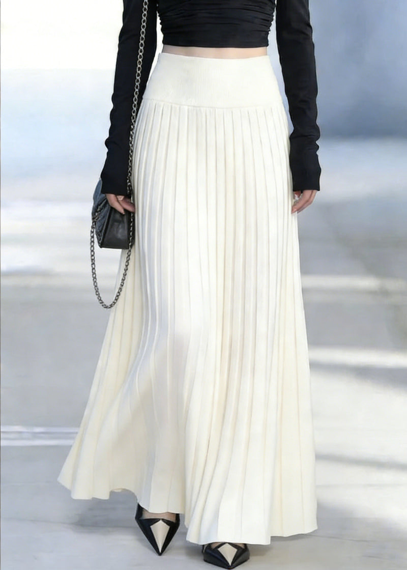 Classy White Elastic Waist Silk Knit Maxi Skirt