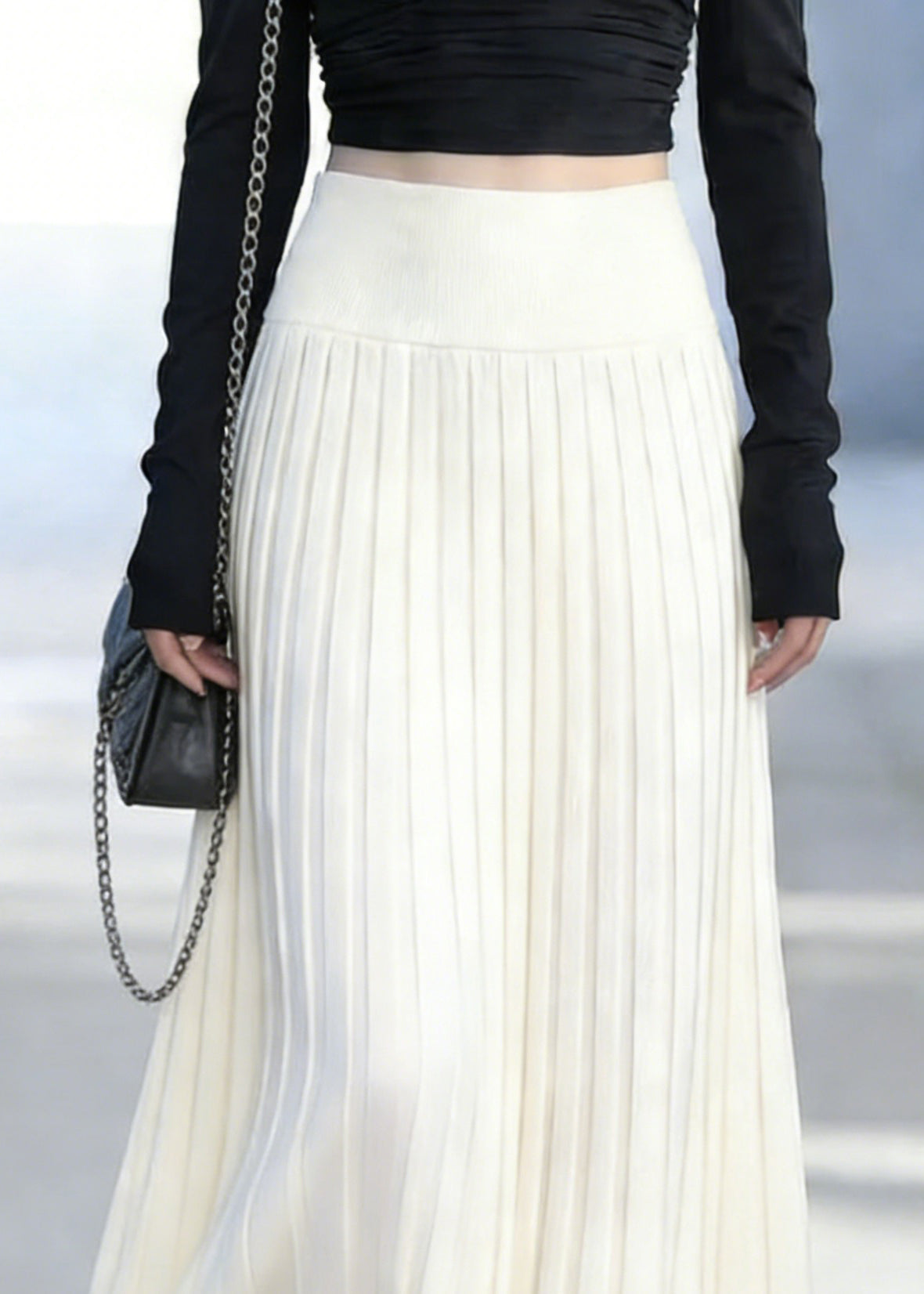 Classy White Elastic Waist Silk Knit Maxi Skirt