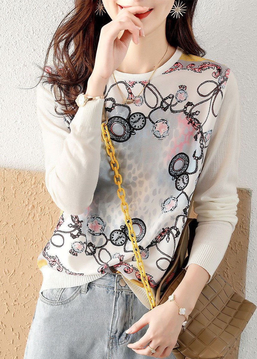 Classy White O-neck Knit Patchwork Print Chiffon Shirt Tops Spring