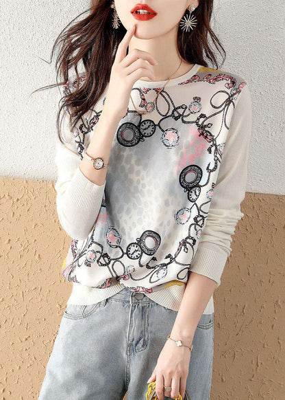 Classy White O-neck Knit Patchwork Print Chiffon Shirt Tops Spring