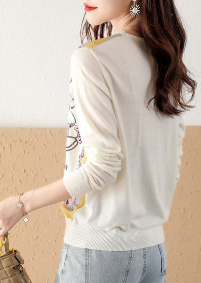 Classy White O-neck Knit Patchwork Print Chiffon Shirt Tops Spring