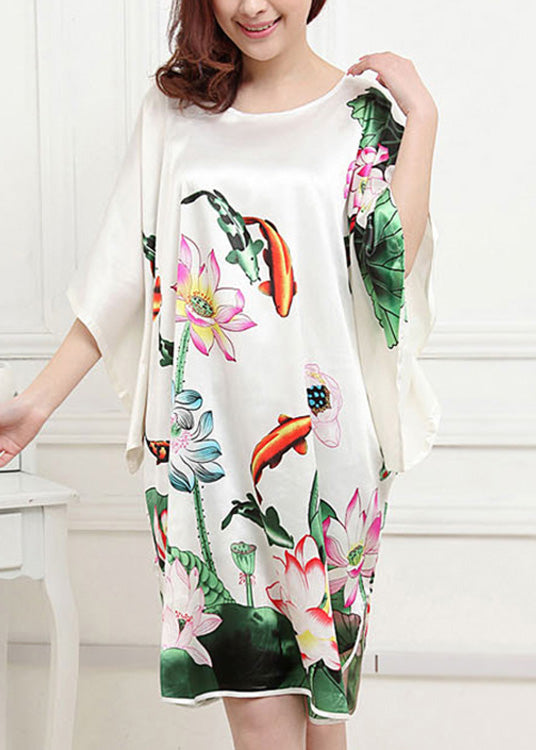 Classy White O-neck Lotus Mid Dress Summer Pajamas