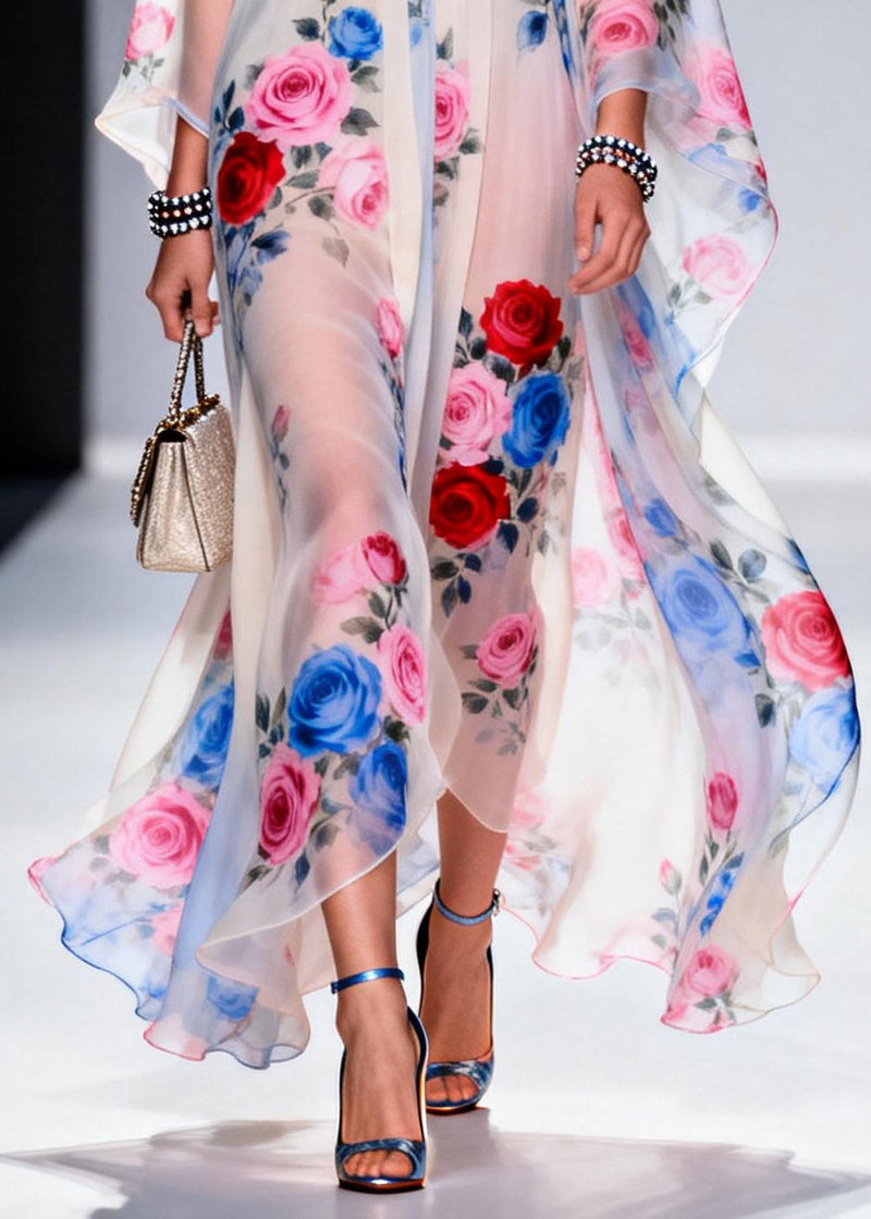 Classy White Oversized Print Chiffon Sheer Dresses Summer