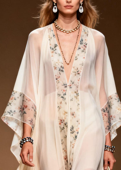 Classy White Oversized Patchwork Print Chiffon Holiday Dress Summer