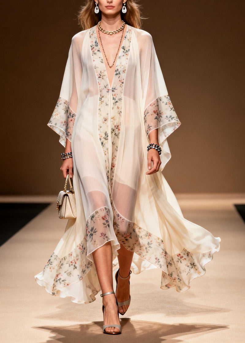 Classy White Oversized Patchwork Print Chiffon Holiday Dress Summer