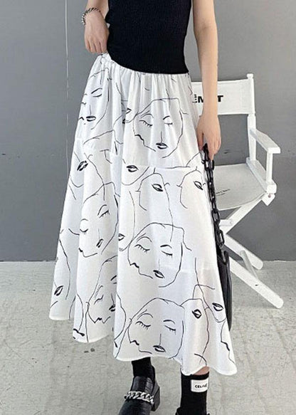Classy White Print Elastic Waist a Line Skirts Chiffon Summer