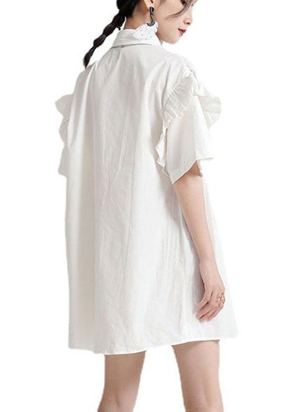 Classy White Ruffled Cinched Summer Asymmetrical Design Half Sleeve Dress