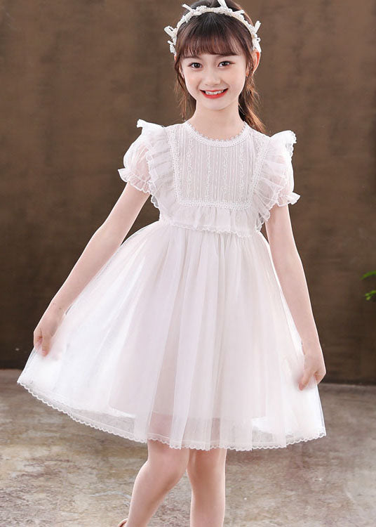 Classy White Ruffled Patchwork Tulle Kids Dresses Summer