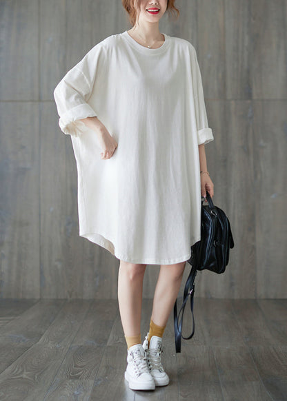 Classy White O-neck Loose a Line Dress Long Sleeve