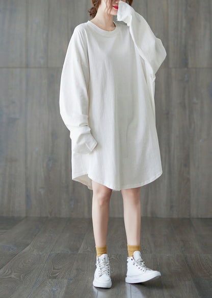 Classy White O-neck Loose a Line Dress Long Sleeve