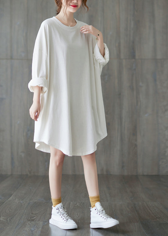 Classy White O-neck Loose a Line Dress Long Sleeve