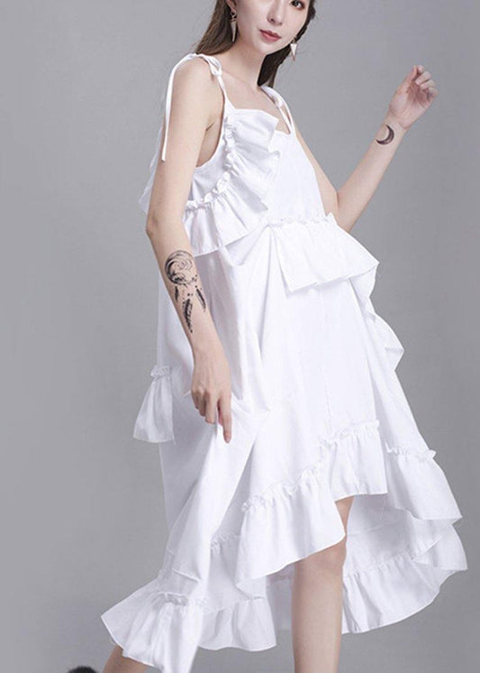 Classy White Summer Asymmetrical Design Cotton Spaghetti Strap Dress