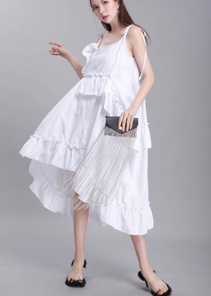 Classy White Summer Asymmetrical Design Cotton Spaghetti Strap Dress