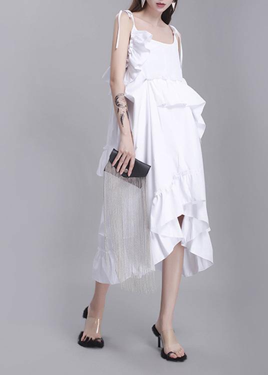 Classy White Summer Asymmetrical Design Cotton Spaghetti Strap Dress