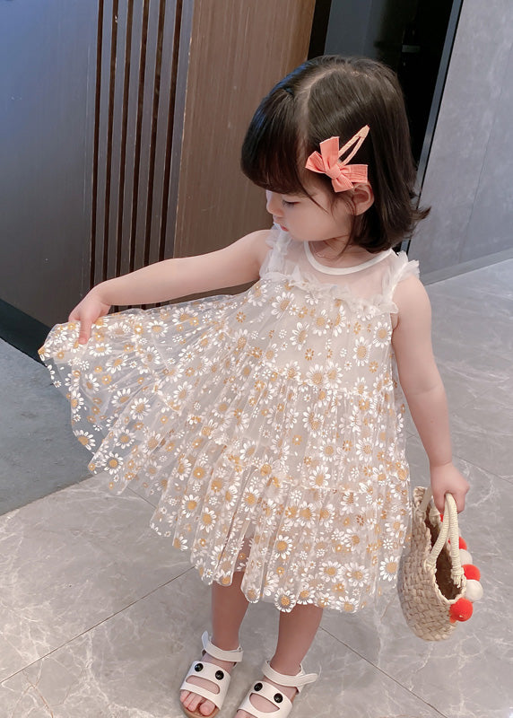 Classy White Sunflower Lace Patchwork Tulle Mid Dress Summer