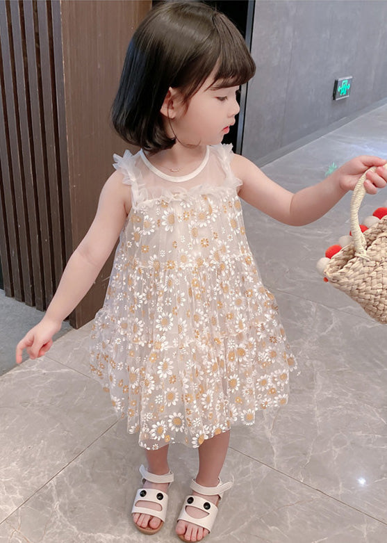 Classy White Sunflower Lace Patchwork Tulle Mid Dress Summer