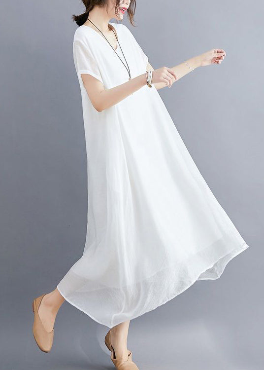 Classy White V Neck Exra Large Hem Cotton a Line Dresses Summer