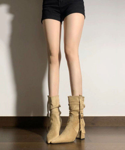Classy Wrinkled Splicing Chunky Boots Khaki Suede