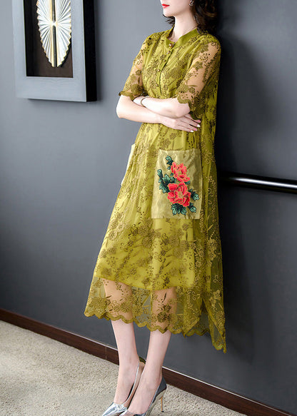 Classy Yellow O-neck Print Tulle Long Dress Short Sleeve
