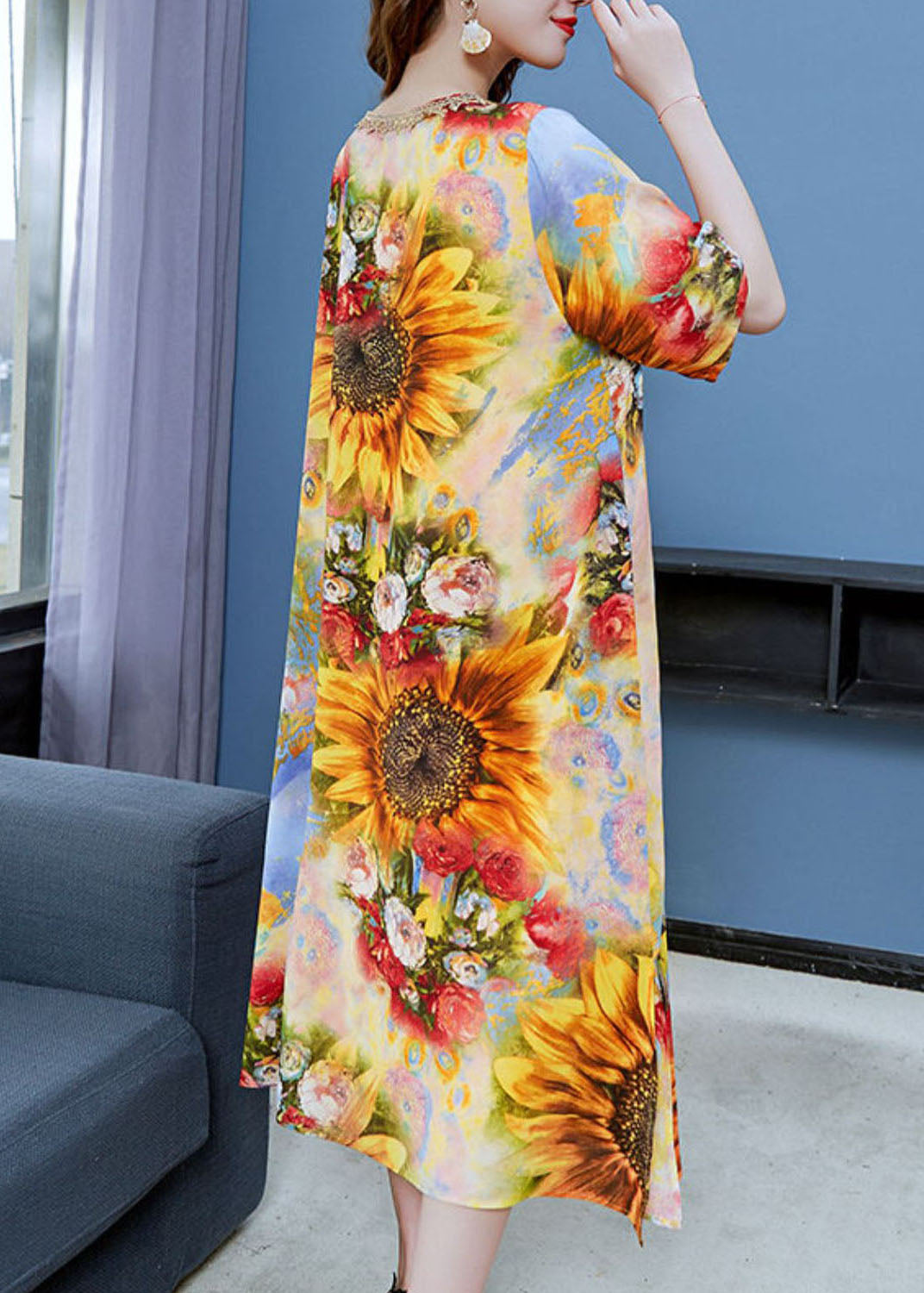 Classy Yellow the Sunflowers Print Patchwork Chiffon Dress Summer