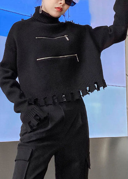 Classy Black Zippered Hole Turtle Neck Knit Sweaters Spring