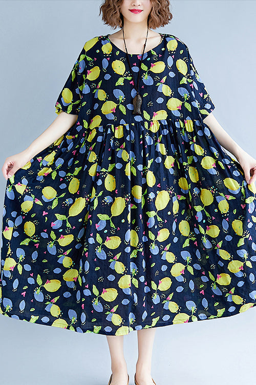 Classy Navy Print Linen Dresses Work O Neck Short Sleeve Cotton Robes Summer Dresses