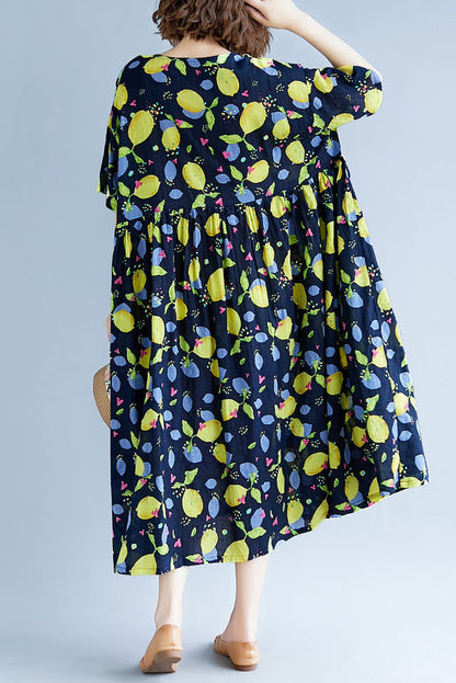 Classy Navy Print Linen Dresses Work O Neck Short Sleeve Cotton Robes Summer Dresses