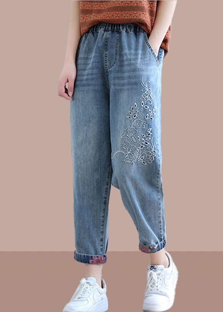 Classy Denim Blue Pant Spring Elastic Waist Embroidery Work Outfits Trousers