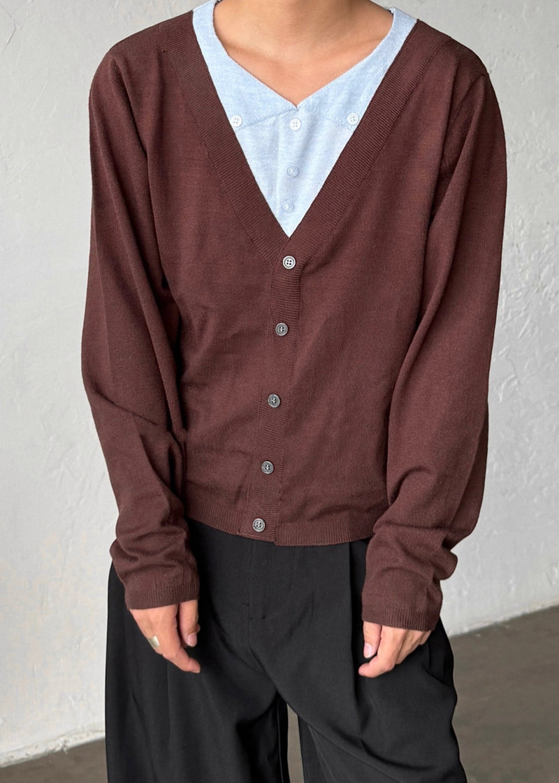 Coffee Button False Two Pieces Patchwork Sweater V Neck