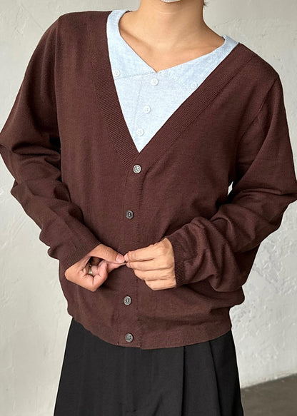 Coffee Button False Two Pieces Patchwork Sweater V Neck