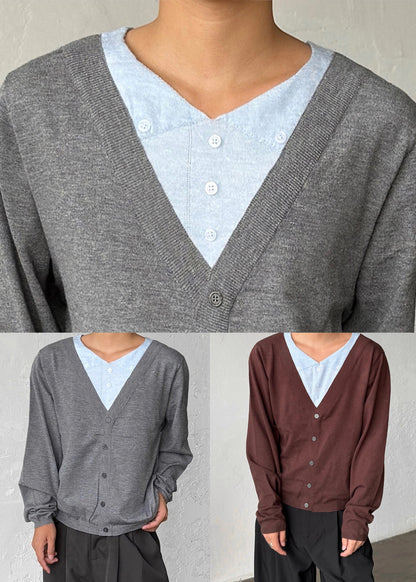 Coffee Button False Two Pieces Patchwork Sweater V Neck