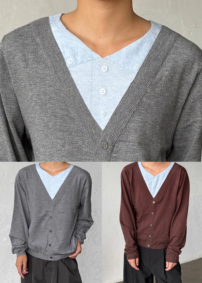 Coffee Button False Two Pieces Patchwork Sweater V Neck