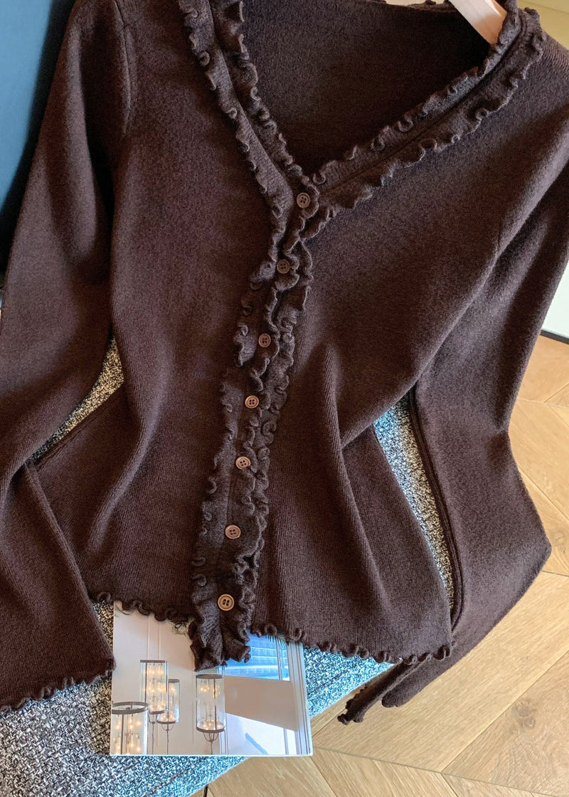 Coffee Button Knit Fall Sweater Ruffled