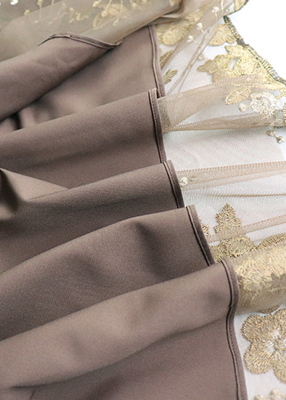 Chocolate Embroideried High Waist Tulle a Line Skirt Spring