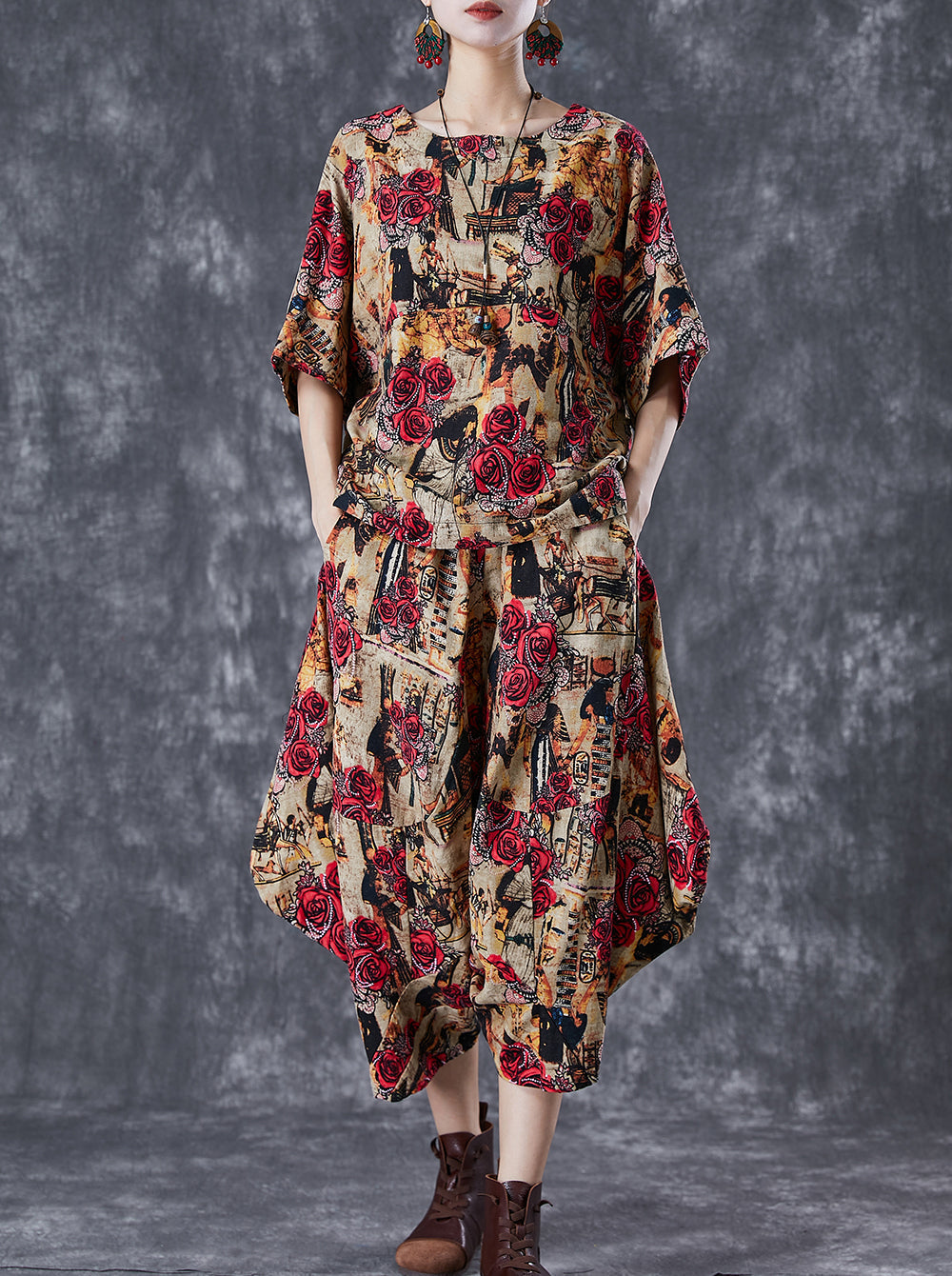 Coffee Cotton Two Piece Suit Set Asymmetrical Oversized Summer
