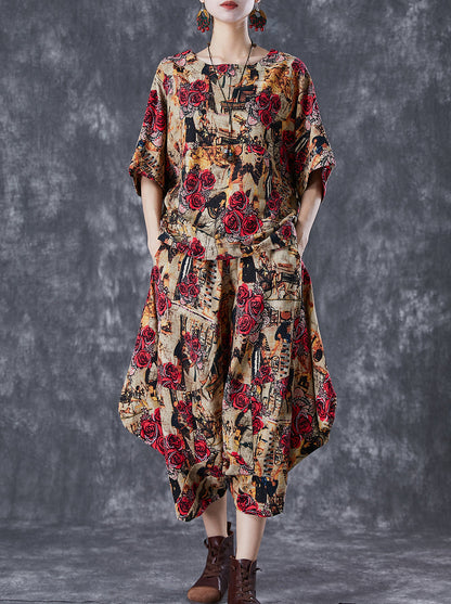 Coffee Cotton Two Piece Suit Set Asymmetrical Oversized Summer