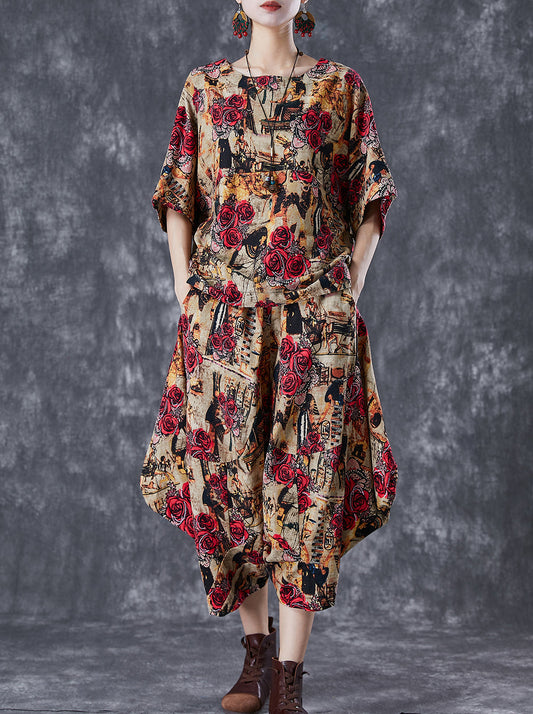Coffee Cotton Two Piece Suit Set Asymmetrical Oversized Summer