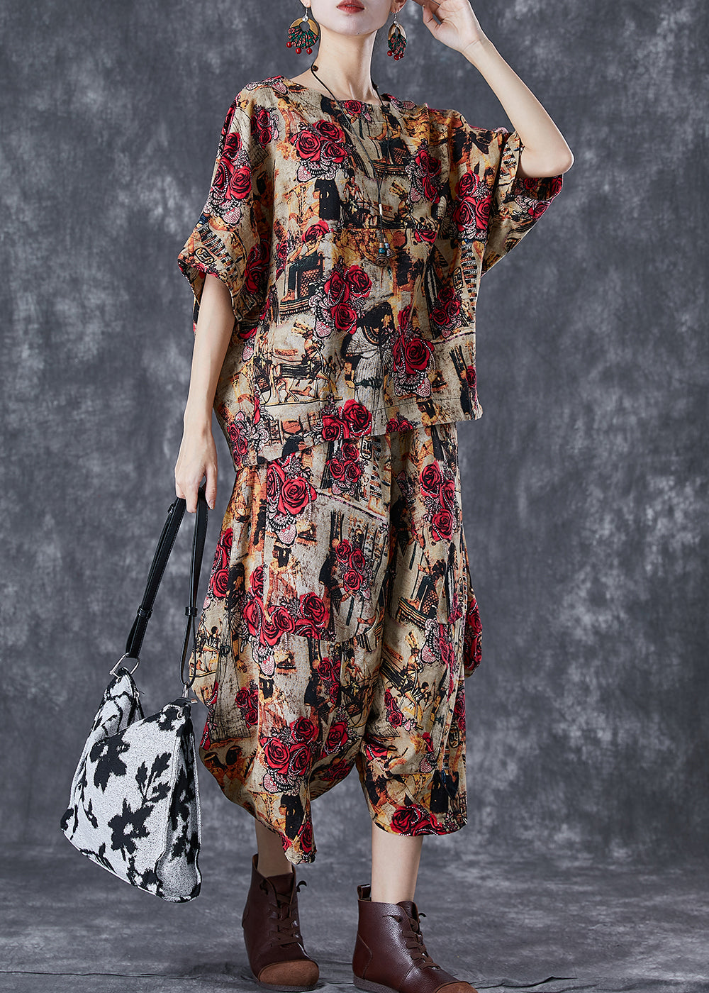 Coffee Cotton Two Piece Suit Set Asymmetrical Oversized Summer