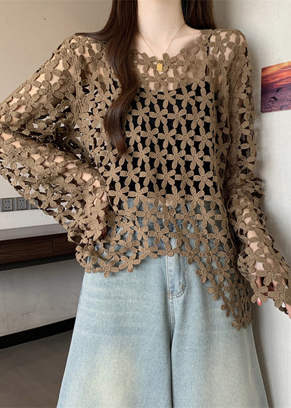Coffee Lace Upf 50+ Tops Hollow Out Fall