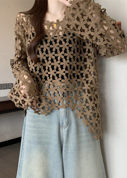 Coffee Lace Upf 50+ Tops Hollow Out Fall
