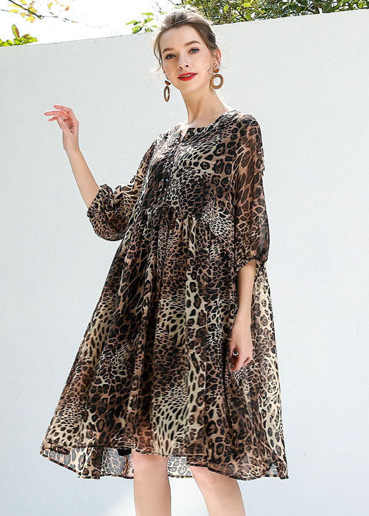 Coffee Leopard Print Chiffon Beach Dresses O-neck Rivet Summer