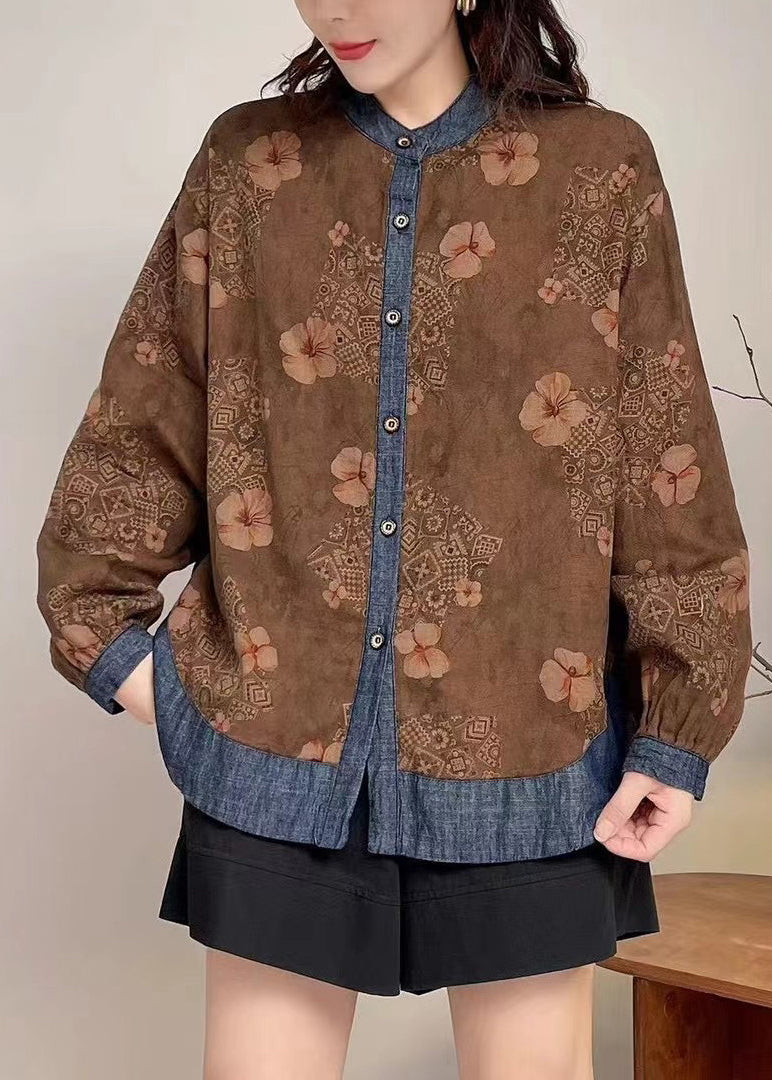 Coffee O-neck Button Tops Long Sleeve