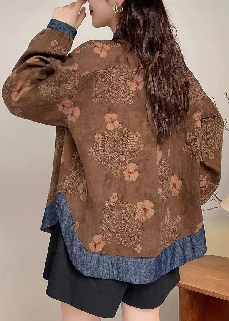 Coffee O-neck Button Tops Long Sleeve