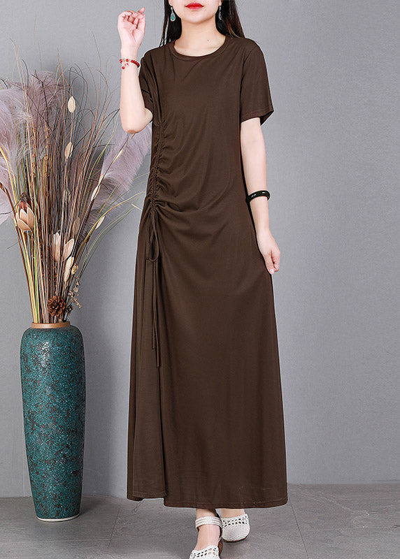 Chocolate O-neck Cinched Cotton Long Dress Short Sleeve